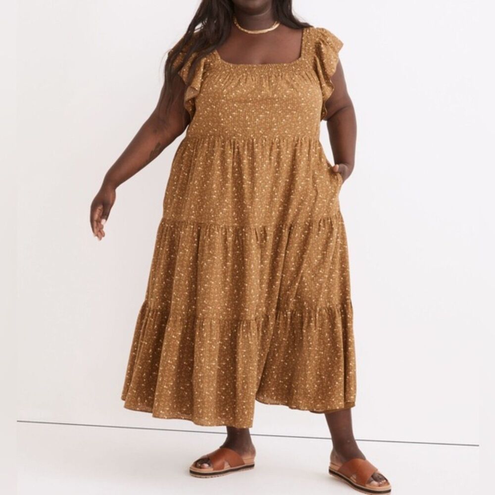 NWT Madewell Daisy Stitch Ruffle Sleeve Flowy Midi Dress Weathered Olive Size 2X